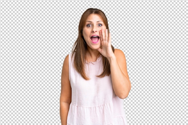 PSD middle age woman over isolated background shouting with mouth wide open