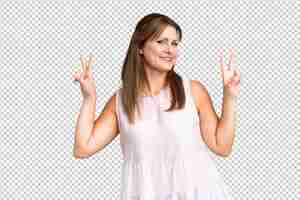 PSD middle age woman over isolated background showing victory sign with both hands