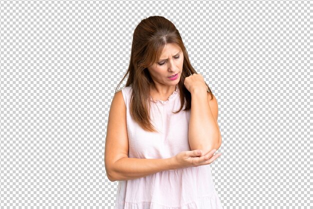 middle age woman over isolated background with pain in elbow