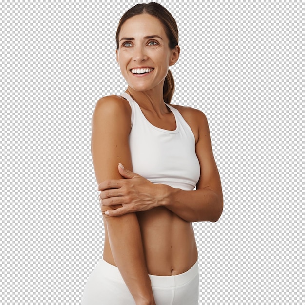 Middle aged 30 years old fitness woman with fit and strong body abs and muscles looking aside happy and smiling exercise in gym workout indoors white background