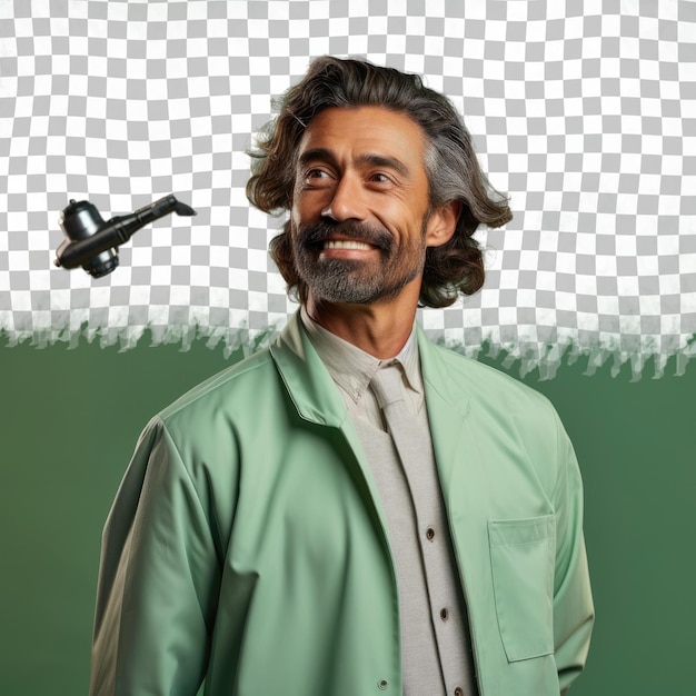 Middle aged biotechnologist wavy hair west asian ethnicity hand brushing style green background
