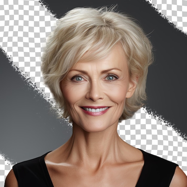 Middle aged blonde woman advertising anti aging products isolated on transparent background