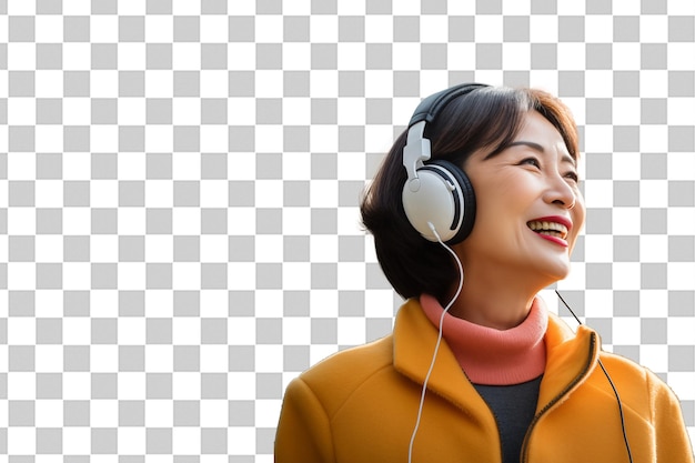 Middle aged chinese woman listening music with headphones on isolated chroma key background