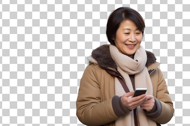 PSD middle aged chinese woman using mobile phone on isolated chroma key background