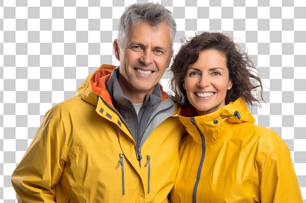 Middle aged couple wearing a rainproof coat on isolated chroma key background