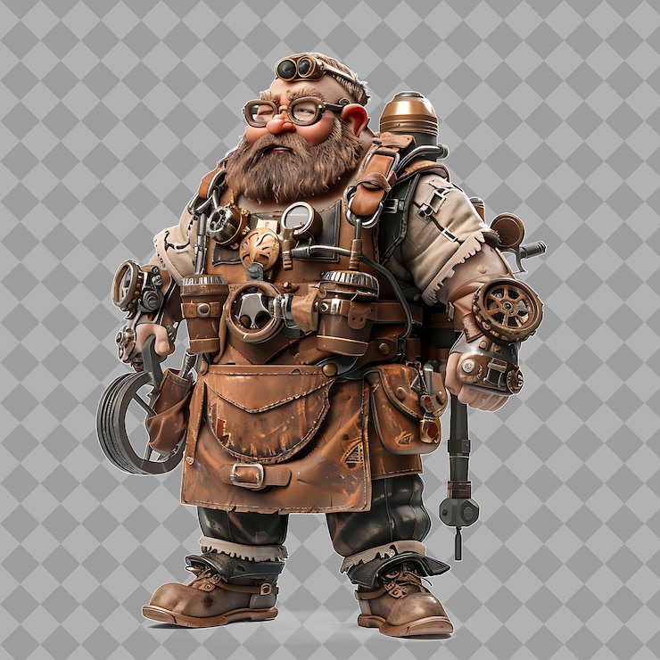 PSD middle aged dwarf steampunk engineer with sturdy form leathe isolated 3d character illustration