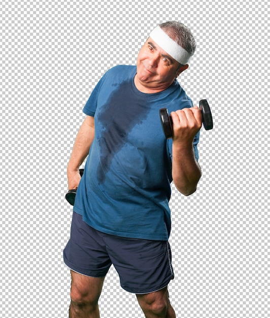 Middle aged man doing exercise with dumbbells