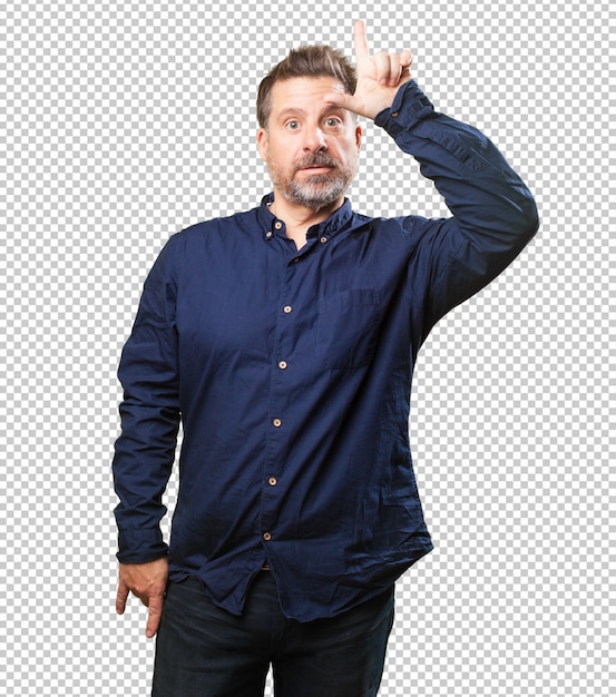 Middle aged man doing a looser gesture