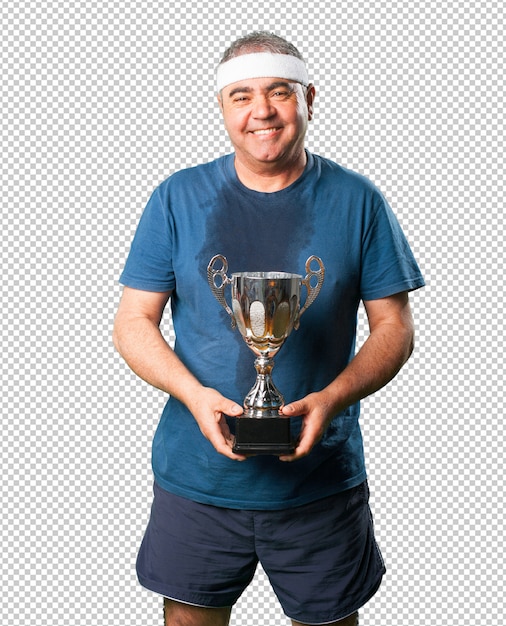 PSD middle aged man holding a trophy