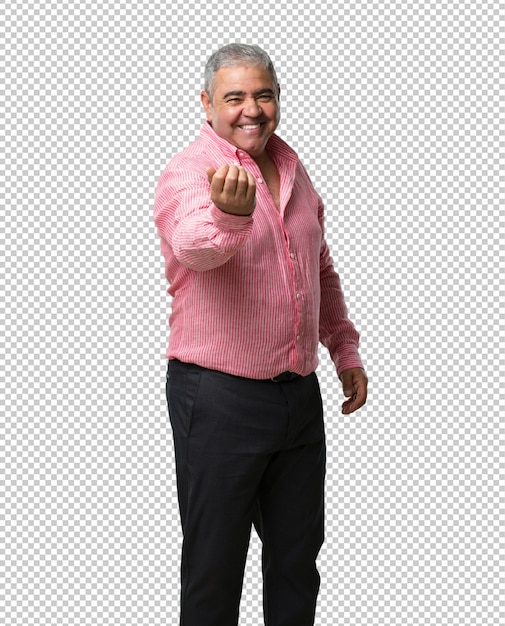 PSD middle aged man inviting to come, confident and smiling making a gesture with hand