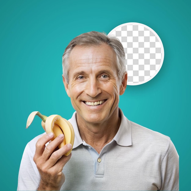 PSD middle aged man over isolated white background holding a banana