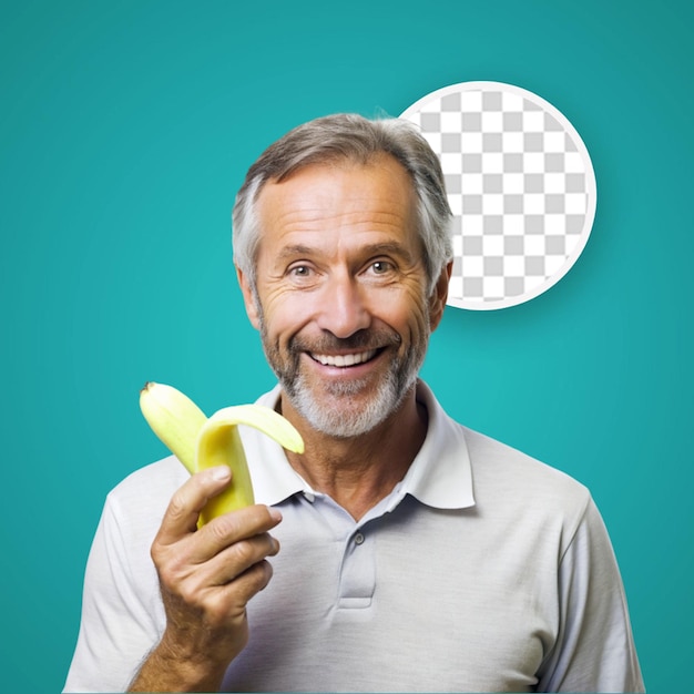 PSD Человек среднего возраста на изолированном белом фоне с бананом в руках