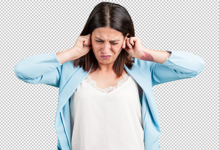 PSD middle aged woman covering ears with hands, angry and tired of hearing some sound