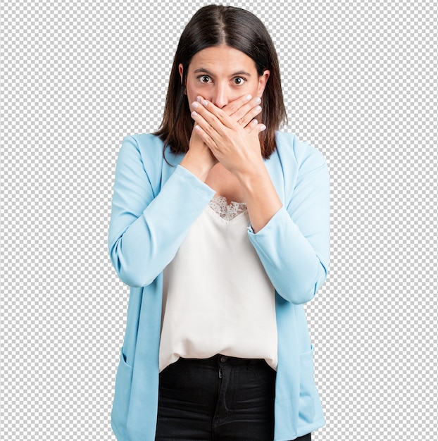 PSD middle aged woman covering mouth, concept of silence and repression, trying not to say anything