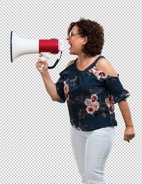 PSD middle aged woman excited and euphoric, shouting with a megaphone, sign of revolution and change, encouraging other people to move, leader personality