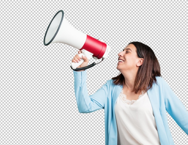 Middle aged woman excited and euphoric, shouting with a megaphone