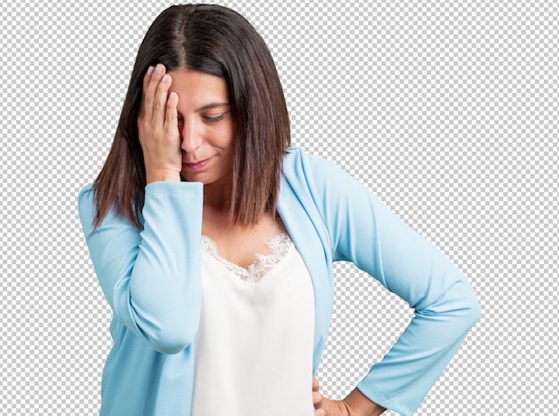 PSD middle aged woman worried and overwhelmed, forgetful, realize something