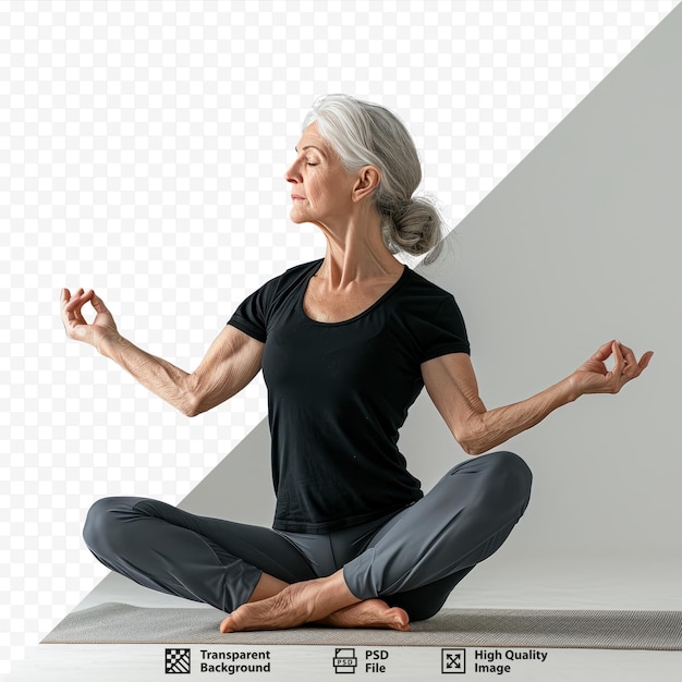 Middle aged woman yoga asanas instructor shows a pose from yoga woman practicing yoga concept natural balance between body and mental development