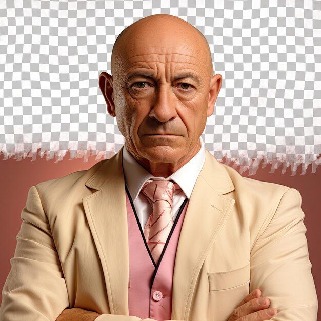 PSD middle eastern advertising manager senior man poses indifferently with bald head chin on hand pastel beige background