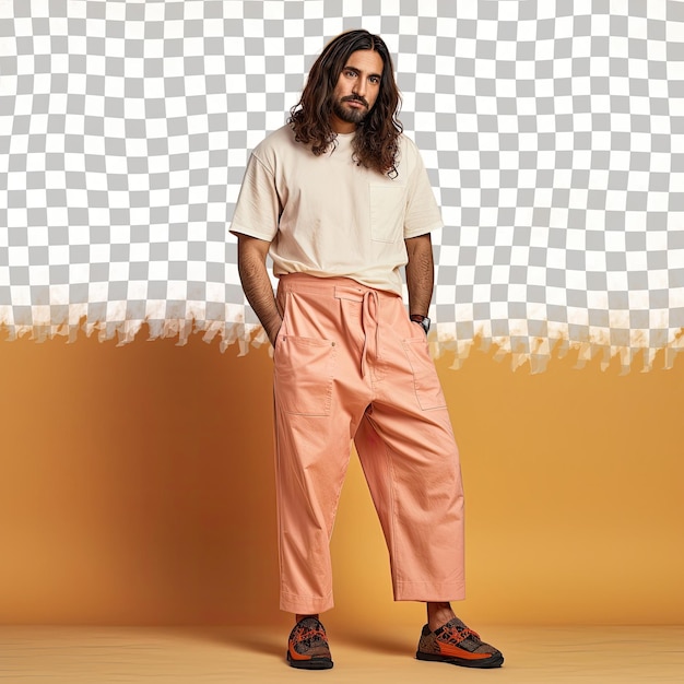 Middle eastern man cooks amidst apricot background