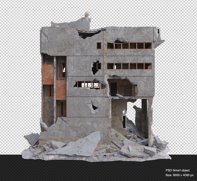 Middle size building damaged after war 3d render isolated