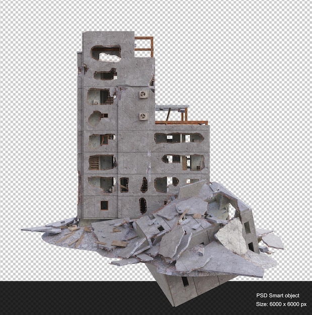 PSD middle size building damaged after war 3d render isolated