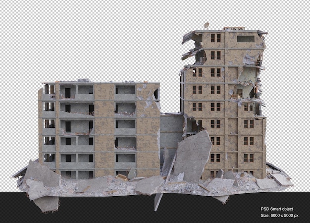 Middle size building damaged after war 3d render isolated