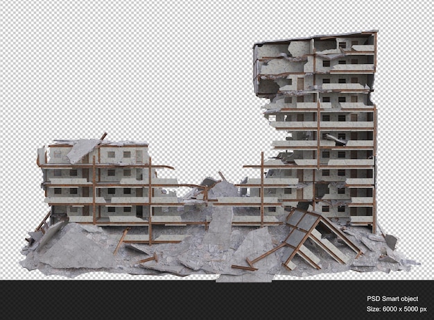 Middle size building damaged after war 3d render isolated