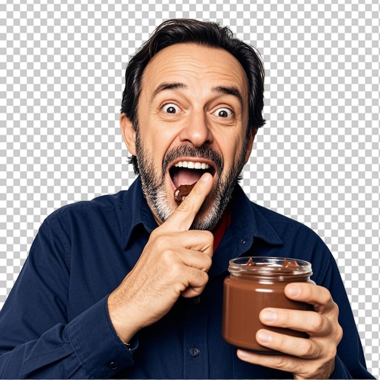 PSD a middleaged man greedily eats some chocolate cream with his finger straight from the glass jar on world nutella day on transparent background