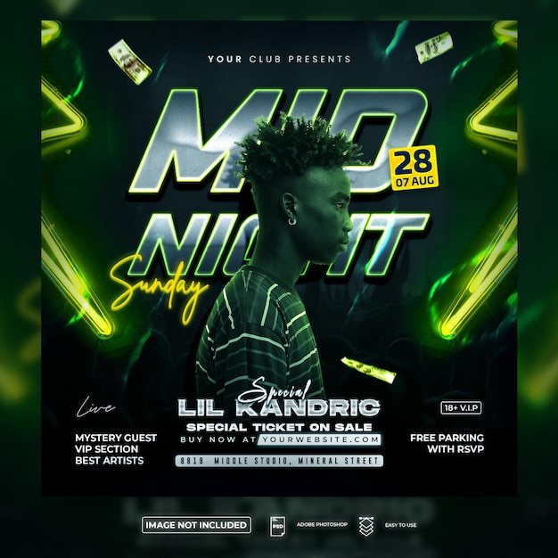 Midnight party night club flyer square flyer template