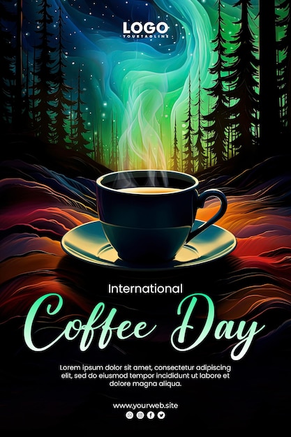 PSD międzynarodowy dzień kawy tło i projekt plakatu zorza polarna wyrasta z filiżanki kawy