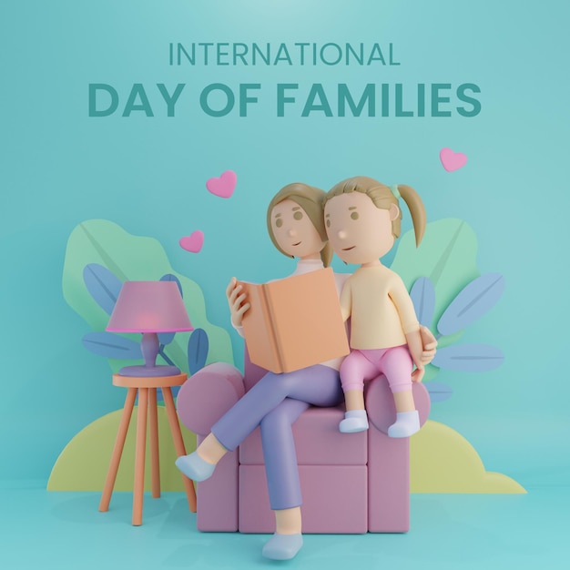 Międzynarodowy Dzień Rodziny Z Mamą I Córką Czytającą Książkę Renderowania 3d