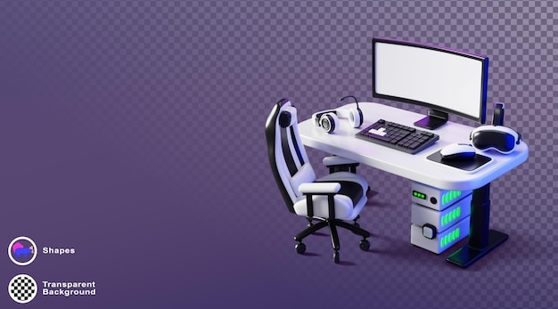 Miejsce pracy 3D z ustawieniem gier i strumieniowych Studio wnętrze pomieszczenia z komputerem na biurku krzesło słuchawki z mikrofonem urządzenia do gier na neonowym tle renderowanie fioletowy baner internetowy