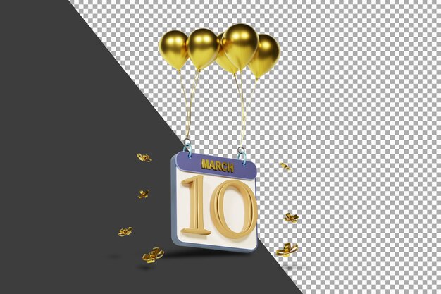 Miesiąc Kalendarzowy 10 Marca Ze Złotymi Balonami Renderowania 3d Na Białym Tle