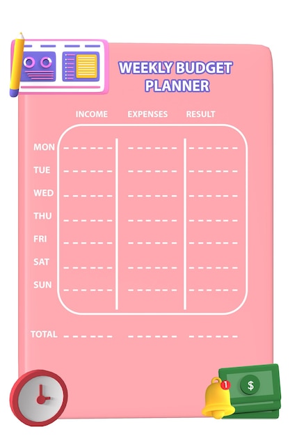 PSD miesięczny i tygodniowy planer budżetu z ilustracją obiektu 3d i tabelą liczb w formacie psd