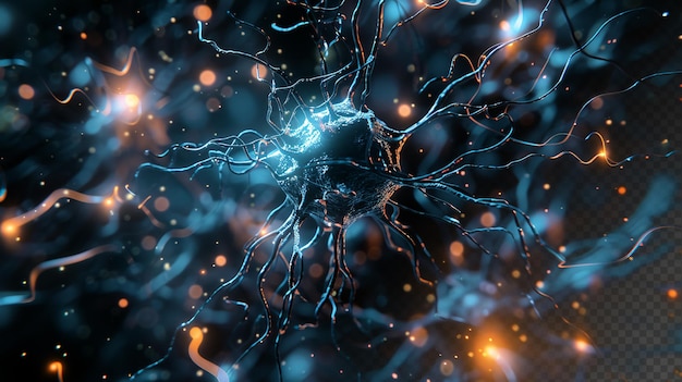 Mikroskopiska neuronfraktaler med blå ljuspartiklar, medicinsk mikrobiologi, svart bakgrund