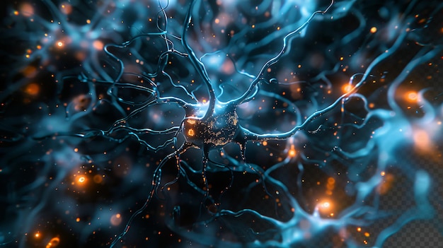 Mikroskopiska neuronfraktaler med blå ljuspartiklar, medicinsk mikrobiologi, svart bakgrund