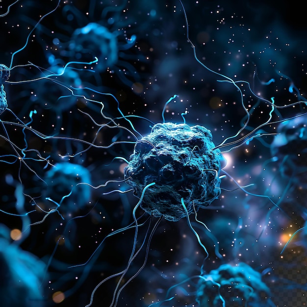Mikroskopiska neuronfraktaler med blå ljuspartiklar, medicinsk mikrobiologi, svart bakgrund