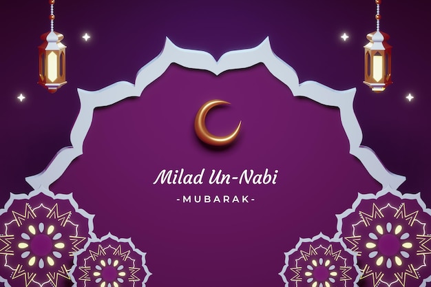 3d 초승달과 고급 이슬람 장식 만다라가 있는 Milad un-Nabi 배경