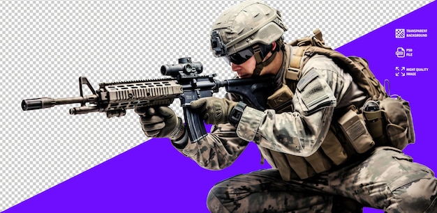 Militair leger special force soldaat met camouflagehelm en een geweerpistool psd