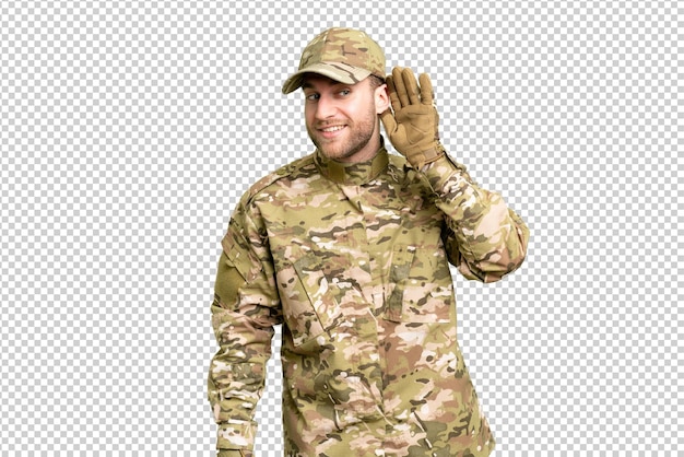 Militair over geïsoleerde chroma sleutel achtergrond luisteren naar iets door het leggen van de hand op het oor