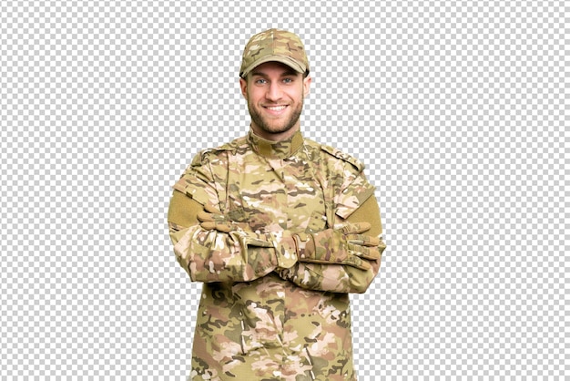 Militair over geïsoleerde chroma sleutel achtergrond met de armen gekruist in frontale positie