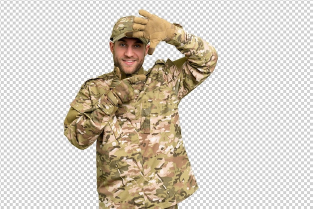 military man over isolated chroma key background focusing face framing symbol
