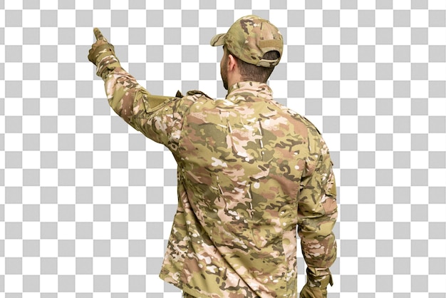 military man over isolated chroma key background pointing back with the index finger