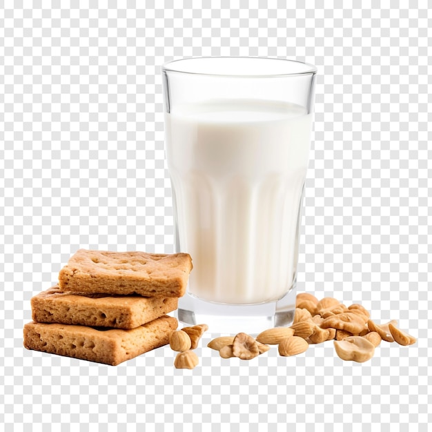 PSD milk accompanied by crunchy rusk isolated on transparent background