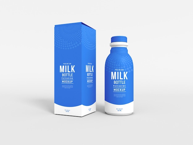 Milk bottle with box packaging mockup