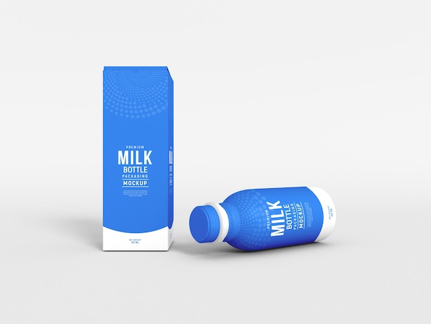 Milk bottle with box packaging mockup