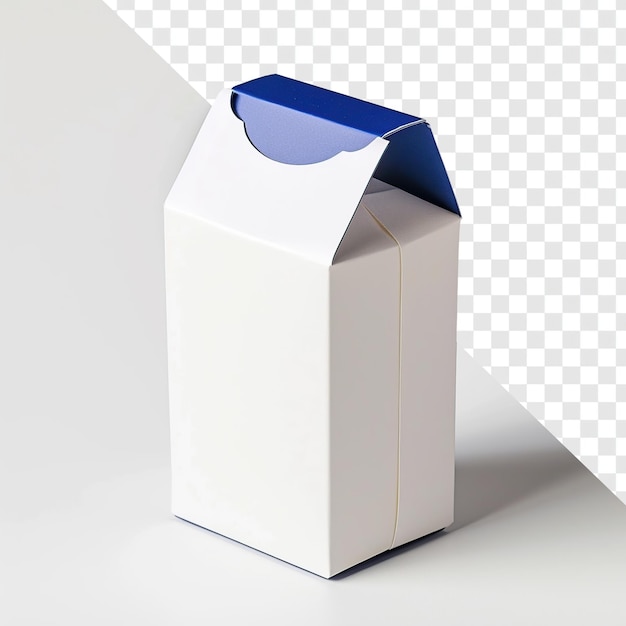 Cartone di latte blu e bianco su sfondo trasparente