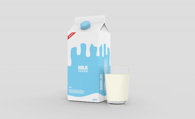 PSD scatola di cartone del latte con mockup di vetro