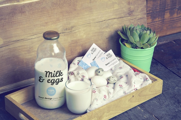 Milk & Eggs Mockup Milk Bottle and Business Cards